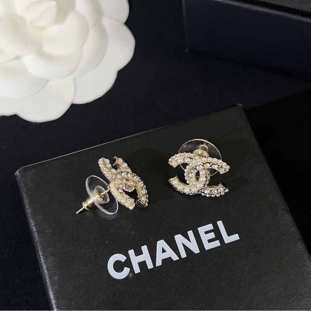 CHANEL Gold and White Pearl Logo Earrings